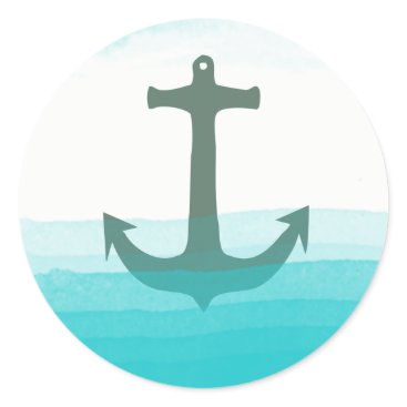 Nautical Anchor Beach Blue Teal Summer Watercolor Classic Round Sticker Nautical Anchor Beach Blue Teal Summer Watercolor Classic Round Sticker