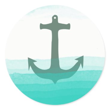 Nautical Anchor Beach Blue Teal Summer Watercolor Classic Round Sticker Nautical Anchor Beach Blue Teal Summer Watercolor Classic Round Sticker