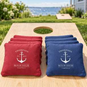Nautical Anchor Beach House Custom Red Blue Cornhole Bags