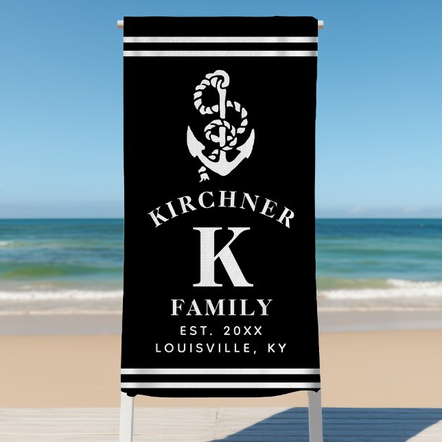 Nautical Anchor Beach House Family Name Black Beach Towel (Creator Uploaded)