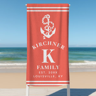 Nautical Anchor Beach House Family Name Coral Beach Towel