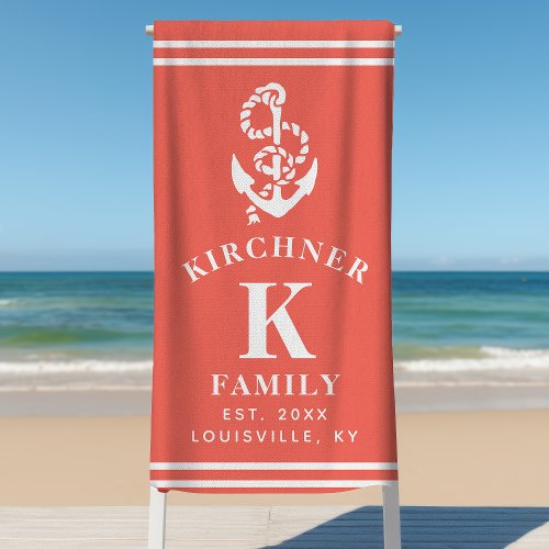 Custom Accessories 15 Nautical Anchor Beach House Family Name Coral Beach Towel