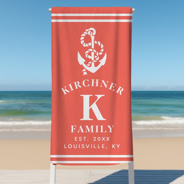 Nautical Anchor Beach House Family Name Coral Beach Towel (Creator Uploaded)