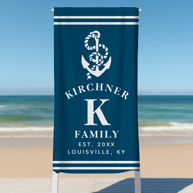 Nautical Anchor Beach House Family Name Navy Blue Towel (Creator Uploaded)