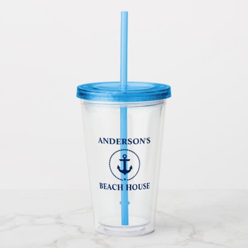 Nautical Anchor Beach House Name Blue Acrylic Tumbler