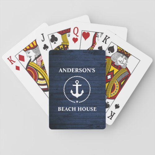 Nautical Anchor Beach House Name Blue Wood Playing Cards