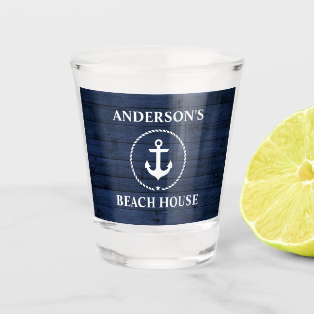 Nautical Anchor Beach House Name Blue Wood Shot Glass (Front)