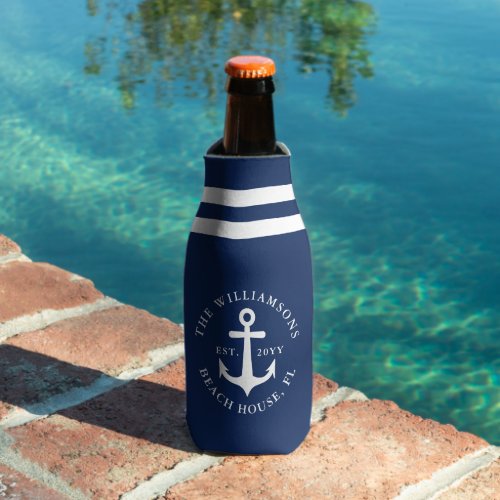 Nautical Anchor Beach House Navy Blue Bottle Cooler