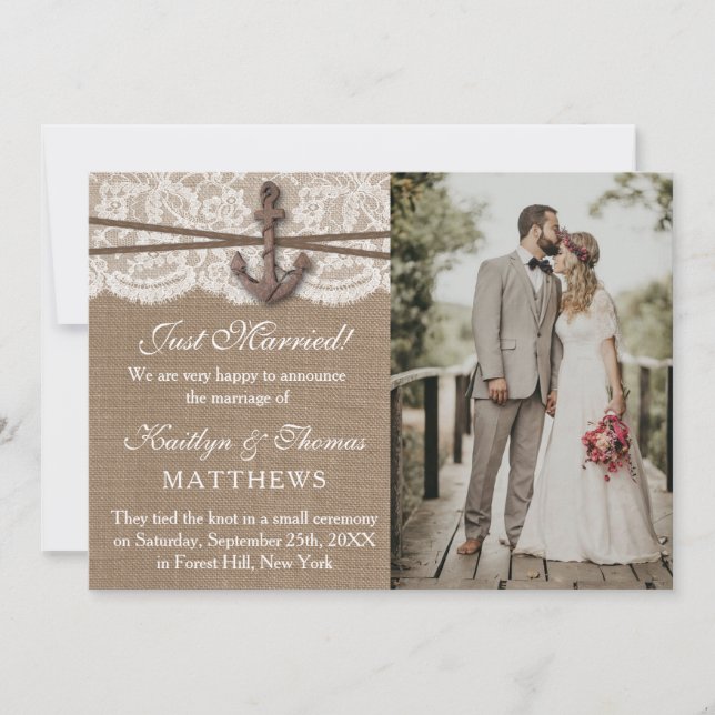 Nautical Anchor Beach Wedding Photo Marriage Announcement (Front)
