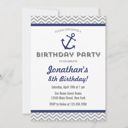 Nautical Anchor Birthday Invitation Navy Blue