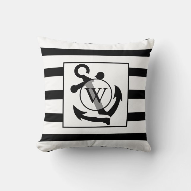 Nautical Anchor Black and White Monogram Stripes Throw Pillow (Front)