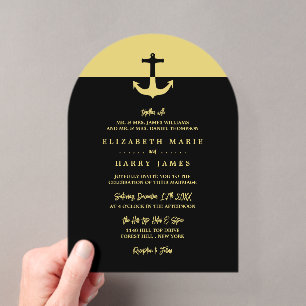 Nautical Anchor - Black Gold - Beach Wedding Acrylic Invitations