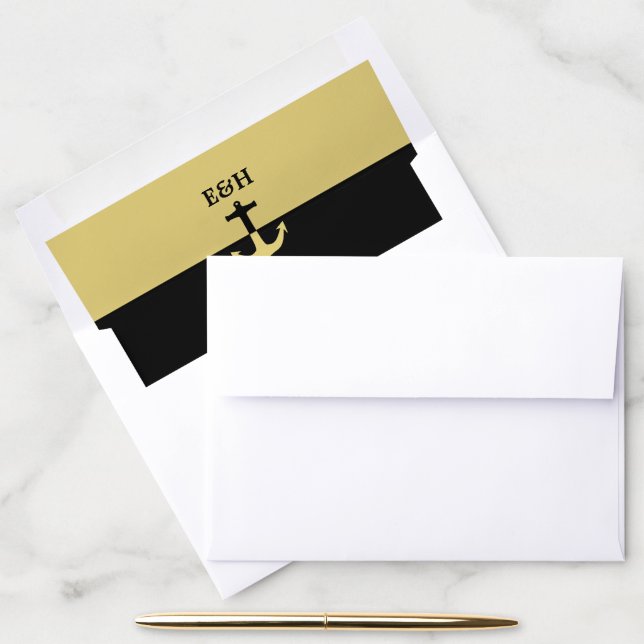 Nautical Anchor - Black Gold - Beach Wedding Envelope Liner (Desk)
