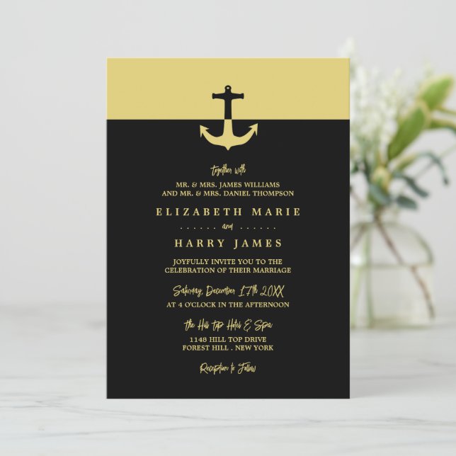 Nautical Anchor - Black Gold - Beach Wedding Invitation (Standing Front)