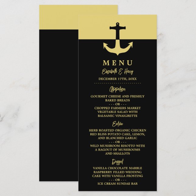 Nautical Anchor - Black Gold - Beach Wedding Menu (Front/Back)