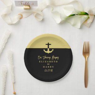 Nautical Anchor - Black Gold - Beach Wedding Paper Plates