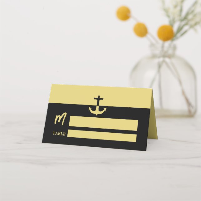 Nautical Anchor - Black Gold - Beach Wedding Place Card (Front)
