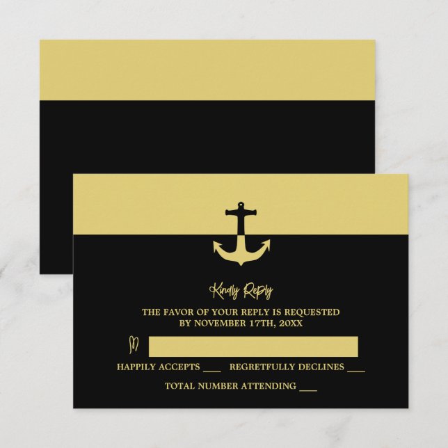 Nautical Anchor - Black Gold - Beach Wedding RSVP Card (Front/Back)