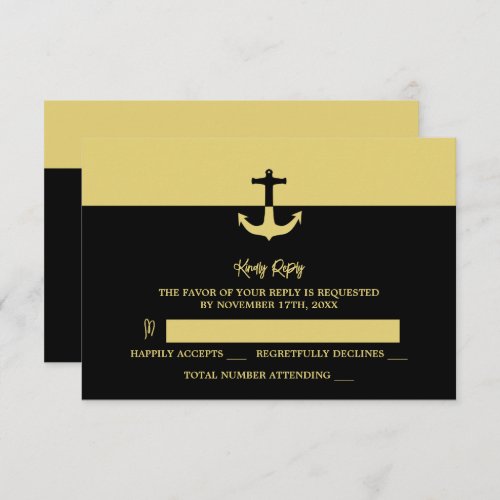 Nautical Anchor _ Black Gold _ Beach Wedding RSVP Card