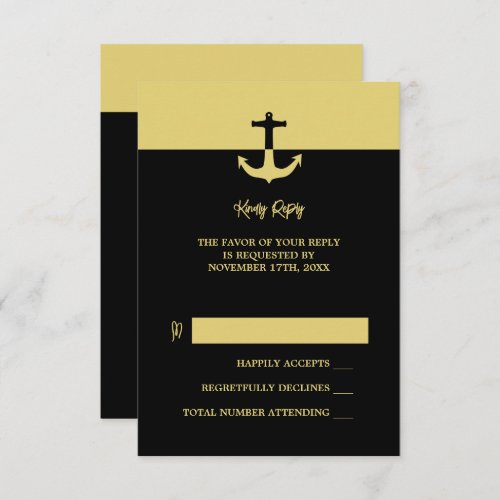 Nautical Anchor _ Black Gold _ Beach Wedding RSVP Card