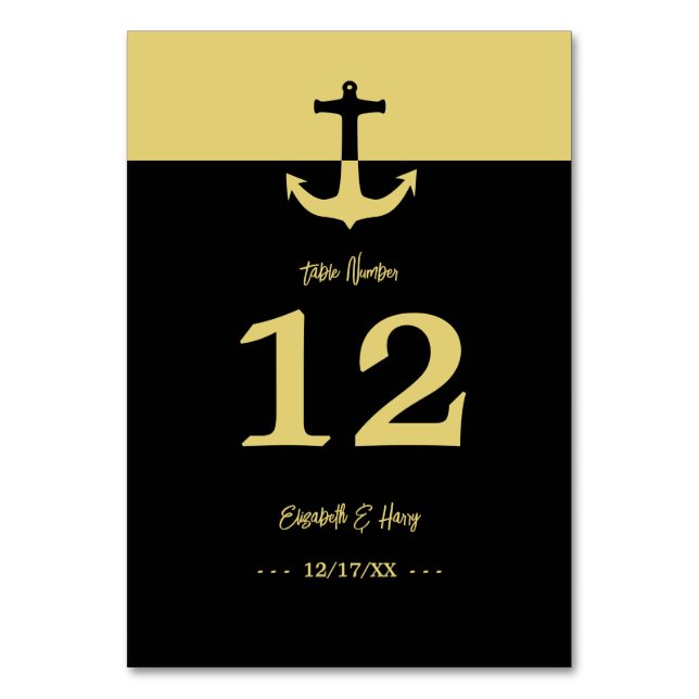 Nautical Anchor - Black Gold - Beach Wedding Table Number (Front)