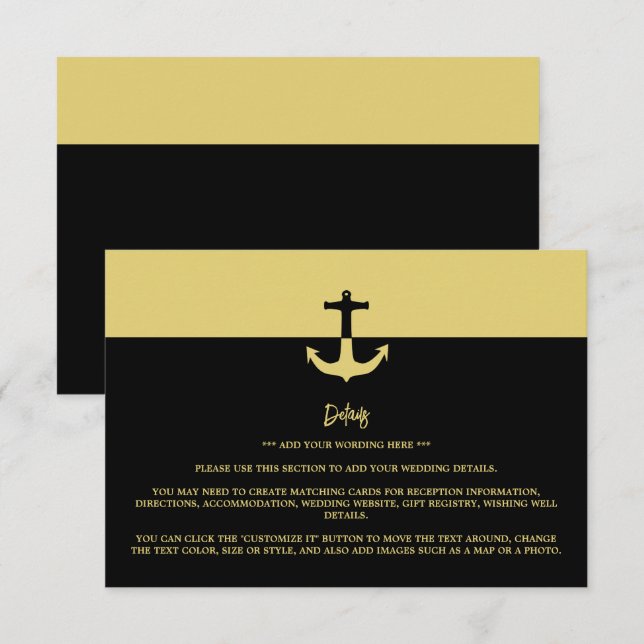 Nautical Anchor - Black Gold - Wedding Detail Enclosure Card (Front/Back)