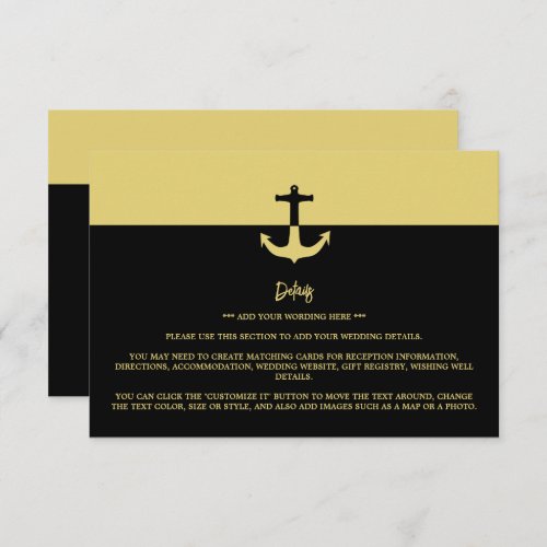 Nautical Anchor _ Black Gold _ Wedding Detail Enclosure Card