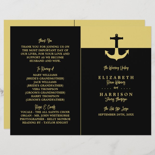Nautical Anchor - Black Gold - Wedding Programme (Front/Back)