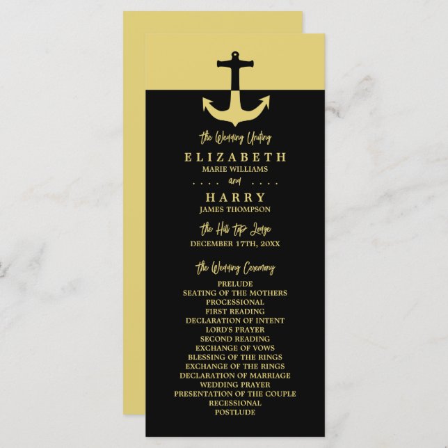 Nautical Anchor - Black Gold - Wedding Programme Program (Front/Back)