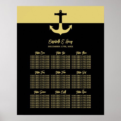 Nautical Anchor Black Gold Wedding Seating Chart