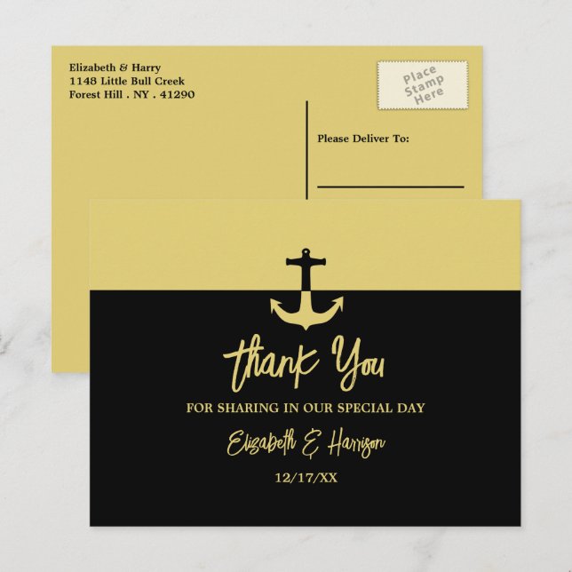 Nautical Anchor - Black Gold - Wedding Thank You Postcard (Front/Back)