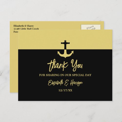 Nautical Anchor _ Black Gold _ Wedding Thank You Postcard