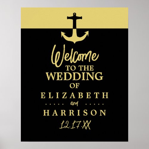 Nautical Anchor Black Gold Wedding Welcome Poster
