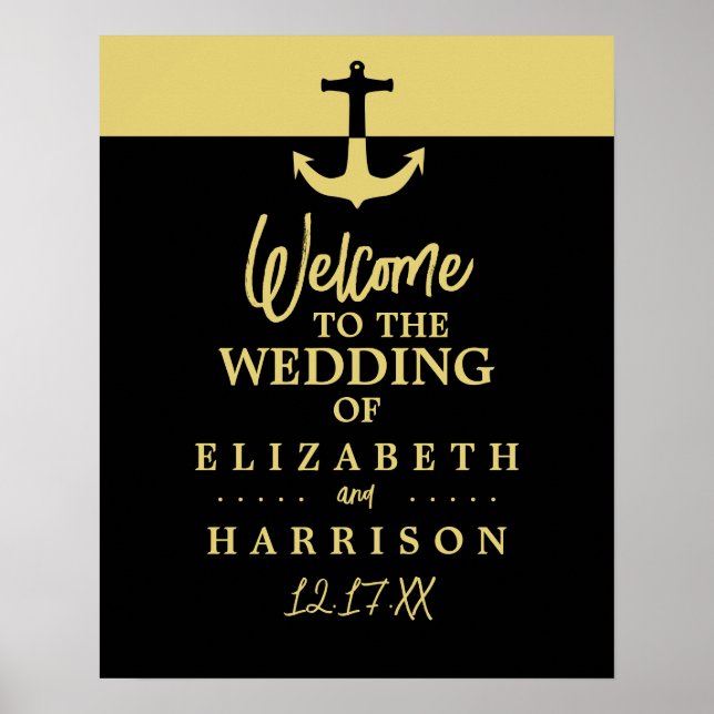 Nautical Anchor, Black Gold, Wedding Welcome Poster (Front)