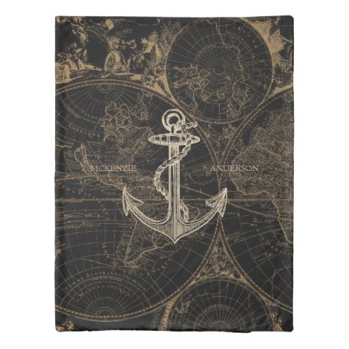 Nautical Anchor Black Tan Vintage World Map Names Duvet Cover