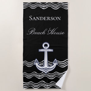 Nautical Anchor Black White Beach House Monogram  Towel