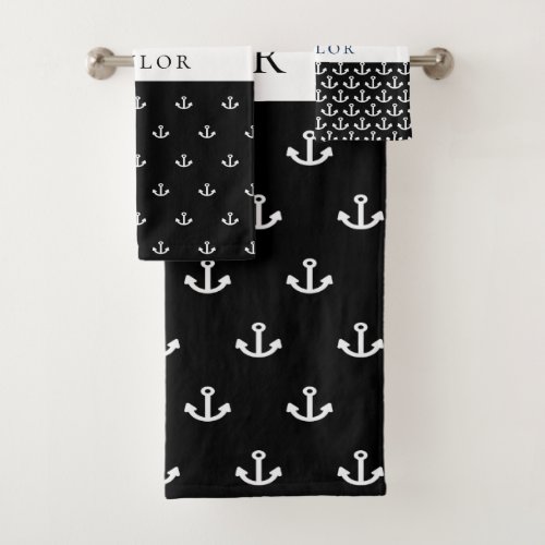 Nautical anchor black white monogram men guys bath towel set