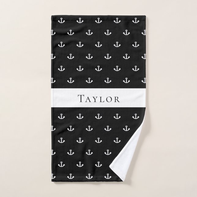 Nautical anchor black white monogram men guys hand towel  (Hand Towel)