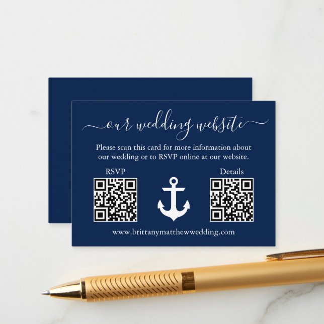 Nautical Anchor Blue 2 QR RSVP Details Wedding Enclosure Card (Front/Back In Situ)