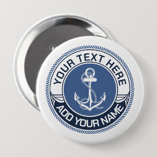 Nautical Anchor Blue and White Rope Border Pinback Button