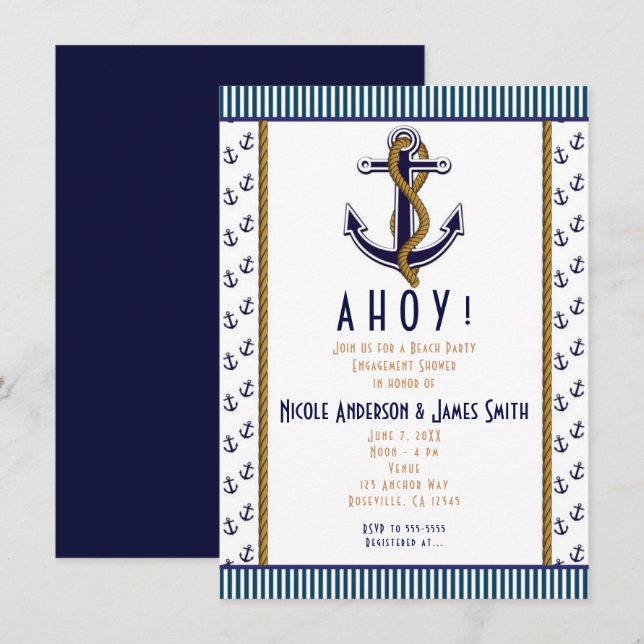 Nautical Anchor Blue and White Striped Invitation (Front/Back)