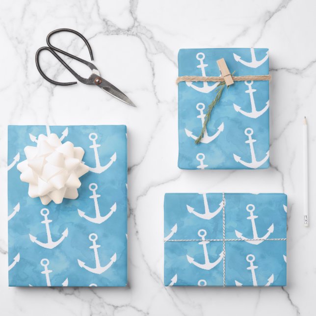 Nautical Anchor Blue Baby Shower Wrapping Paper Sheets (Front)