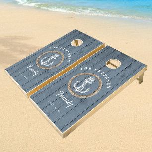 Nautical anchor blue barn wood rustic beach house cornhole set