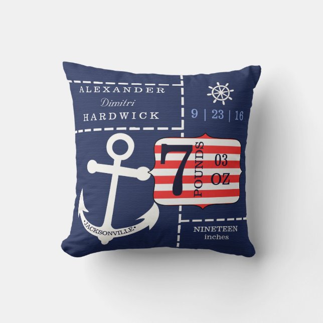 Nautical Anchor Blue Birth Stats Keepsake Throw Pillow (Front)