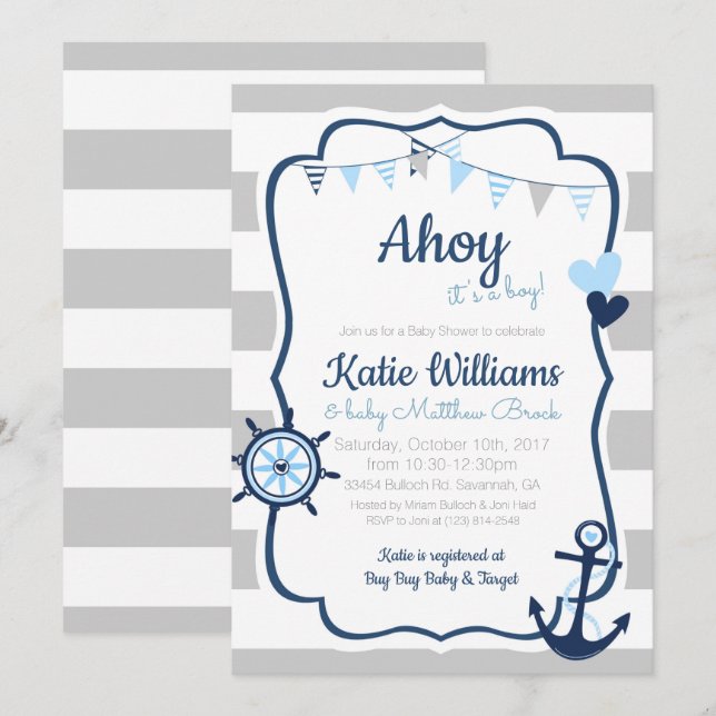 Nautical Anchor Blue Boy Baby Shower Invitation (Front/Back)