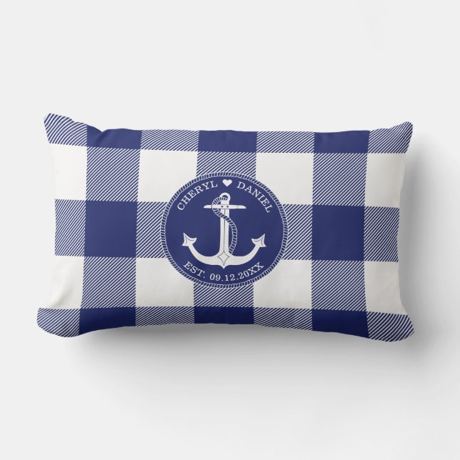 Nautical Anchor Blue Buffalo Plaid Wedding Lumbar Pillow (Front)