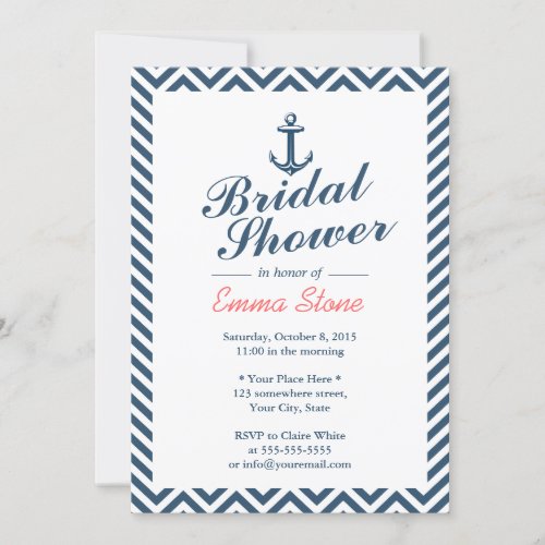 Nautical Anchor Blue Chevron Stripes Bridal Shower Custom Invitations