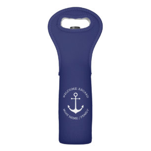 Nautical Anchor Blue Custom Name Welcome Aboard   Wine Bag