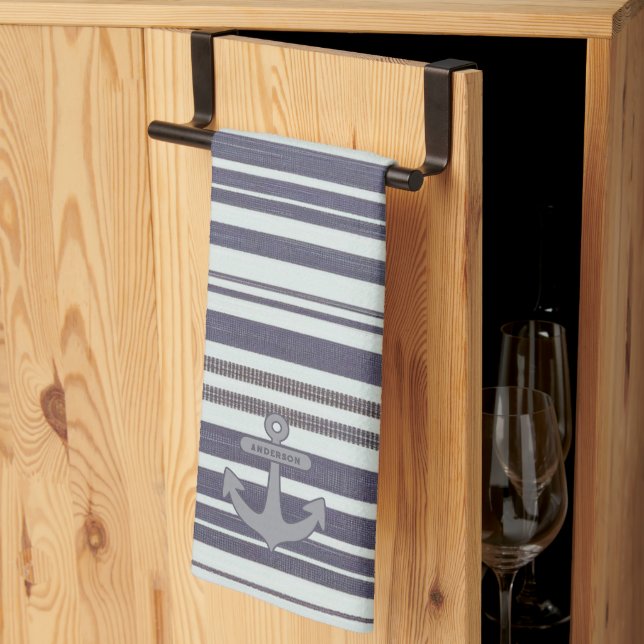 Nautical Anchor Blue Denim & White  Kitchen Towel (Thirds Fold)