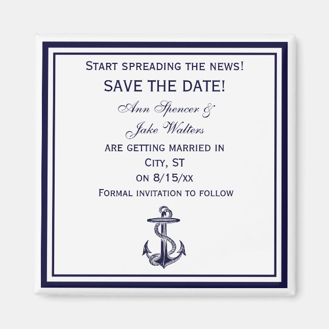 Nautical Anchor Blue Framed 2 Save the Date Magnet (Front)